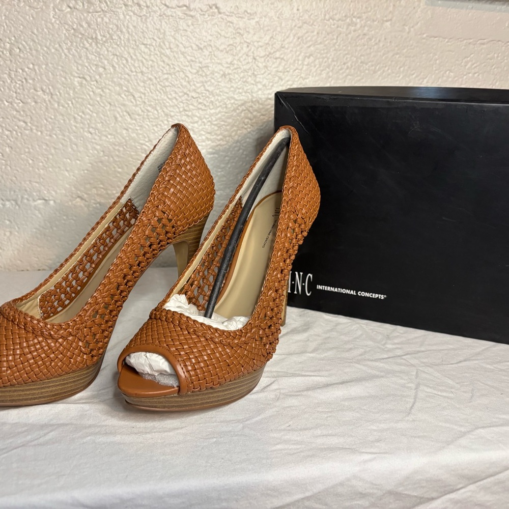 INC tan peep toe heel